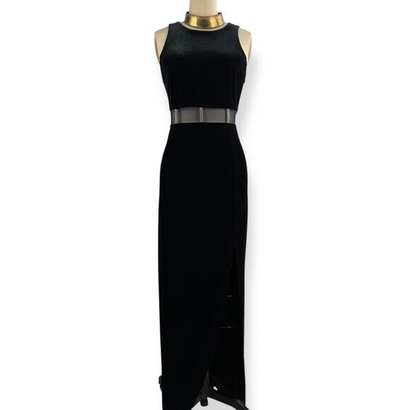 90's sexy black velvet long fitted dress with high slit and mesh crystal trim - Picture 10 of 16